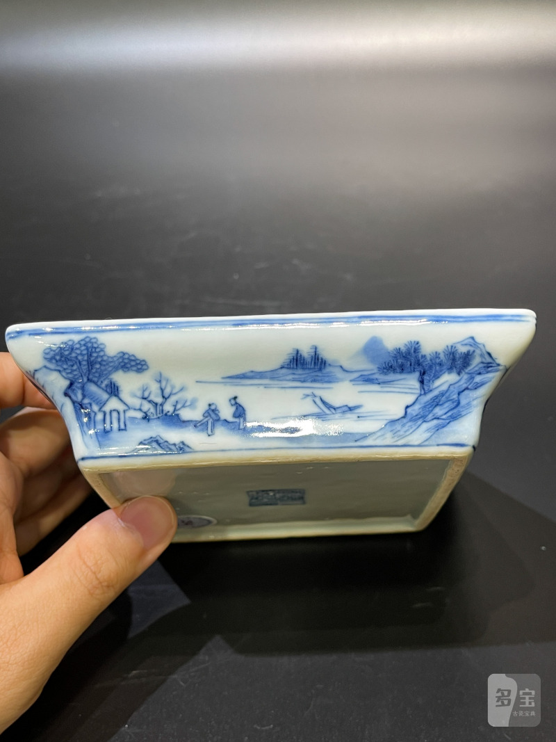 清嘉庆 青花山水人物图方盘 - 图9
